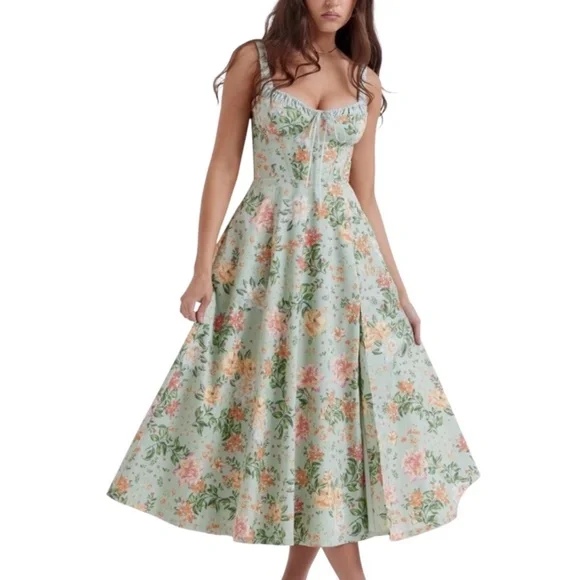 House of CB Sabrina Floral Print Corset Bustier Midi Floral Dress with Box - Picture 9 of 15